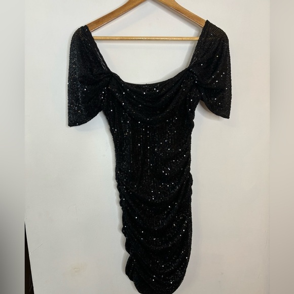 Hello Molly Cap Sleeve Black Sequin Ruched Sides Sequin Mini Dress - Picture 7 of 7